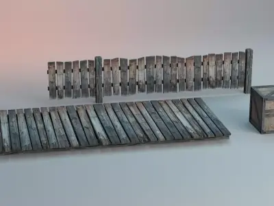 Wooden Fence And Deck And Crate Low-poly 3D model