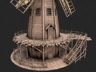 Medieval Wooden Windmill Low Poly PBR Low-poly 3D model