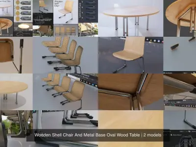  Wooden Shell Chair And Metal Base Oval Wood Table 3D Model Pack