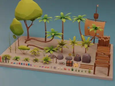 Low Poly Tropical Nature - Palm trees grass plants and rocks Low-poly 3D model