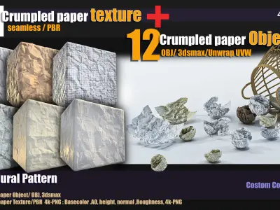 11 crumpled paper PBR texture and 12 crumpled paper 3d Object Texture