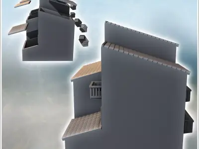 Modern single-sloped roof building with three balconied floors 1 3D print model