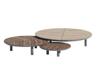 Atollo three round tables with metal legs and wooden tops 3D model