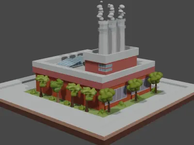 Factory building with chimneys and trees Free low-poly 3D model