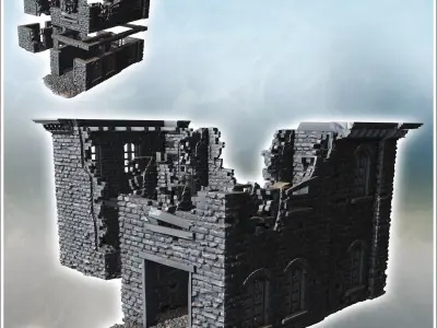 Brick building with missing sections collapsed floors and debris 3D print model