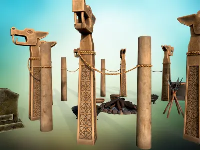 Stylized ritual altar columns bonfire grave sacrificial knife  Low-poly 3D model