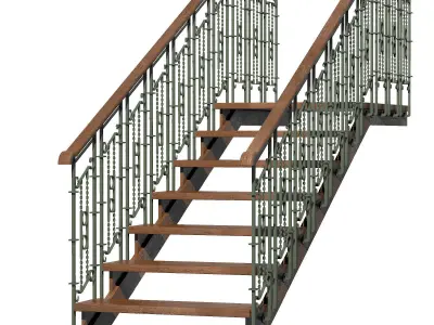 Stairs wooden staircase with metal railings 3D model