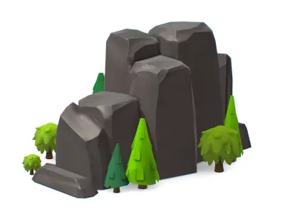 Cartoon Stone Cliff and Green Trees Low-poly 3D model