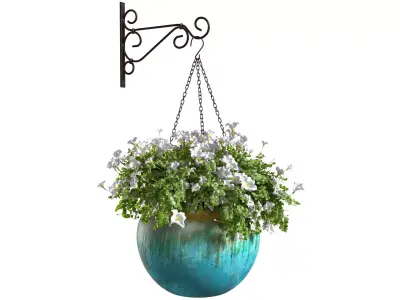 Hanging basket flowerpot rattan pot with flowers 3D model