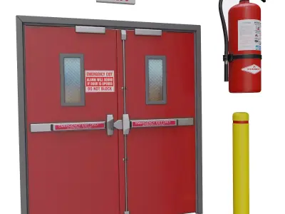 Fire Emergency Set - Exit Sign Extinguisher Bollard Doors Low-poly 3D model