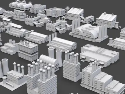 Low Poly Industrial Building Pack Of 60 -Game Ready -Untextured 3D model