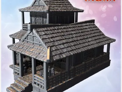 Two-story wooden house with large porch tiled roof and decorativ 3D print model