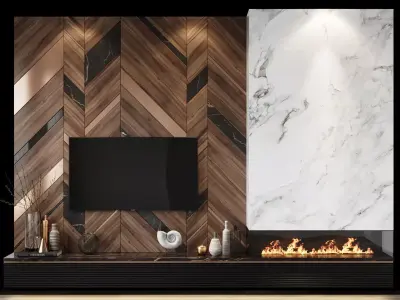Tv set 4 fireplace with marble and wood panels 3D model