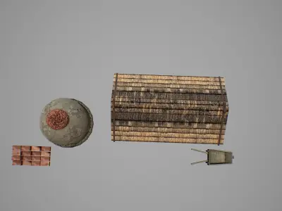 Quarry wooden structure and bricks Low-poly 3D model