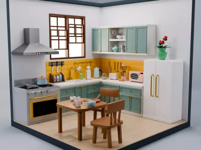 Stylized Cozy Kitchen Room  Isometric Interior Low-poly 3D model