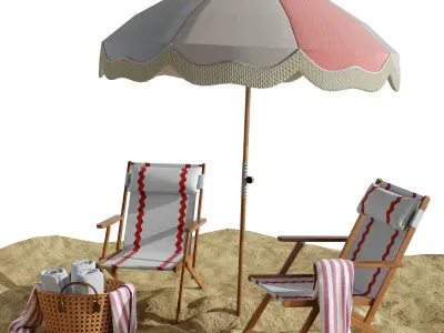 Beach umbrella and chaise longue set 10 3D model