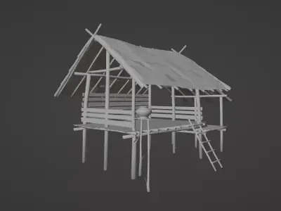 Hut in the rice field Low-poly 3D model