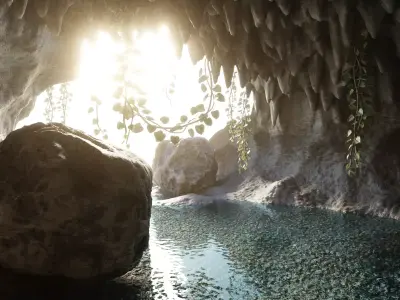 Cave V9 - Rocky Cavern with Water Feature and Vegetation 3D model