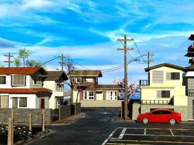 Japanese Residential Neighborhood Low-poly 3D model