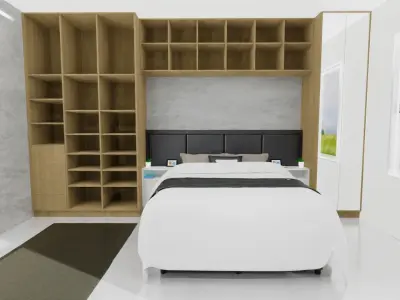 bedroom with wardrobe with mirror doors 3D model