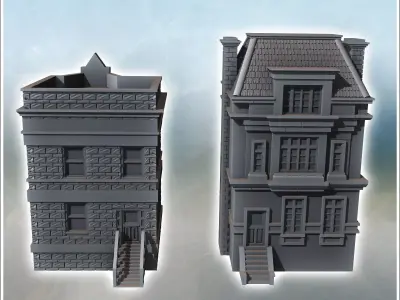 Set of two European houses with upper floor and access staircase 3D print model