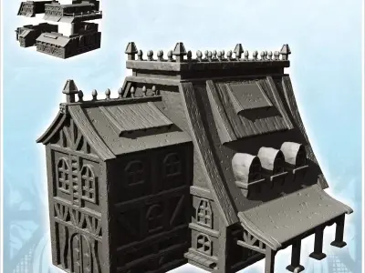 Large medieval half-timbered building with spiked roof and side  3D print model