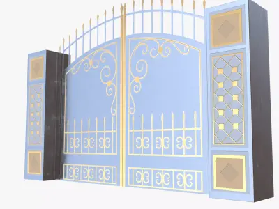 Blue Ornamental Iron Gate 3D Model Low Poly PBR Gold Details Low-poly 3D model