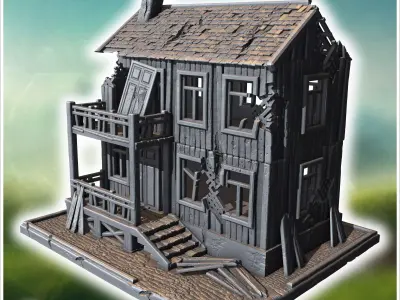 Damaged two-story wooden building with collapsed balcony broken  3D print model
