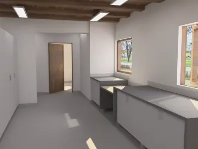 Workshop hallway with cabinets and windows 3D model