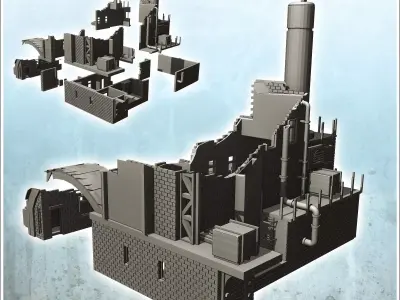 Modern brick factory with large chimney and access arch destroye 3D print model