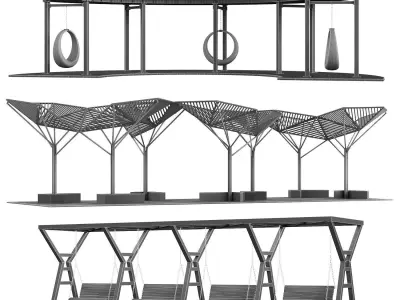 Set of pergolas gazebos canopies with swings benches  3D model