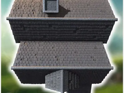 Elevated medieval house with stone steps wooden beams and large  3D print model