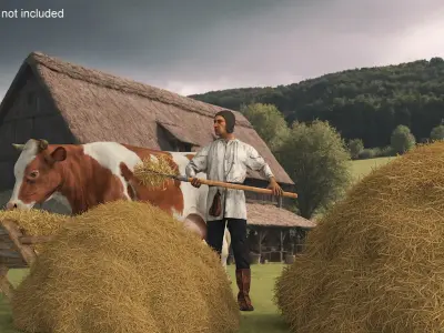  Medieval Peasant Tending to Cow 