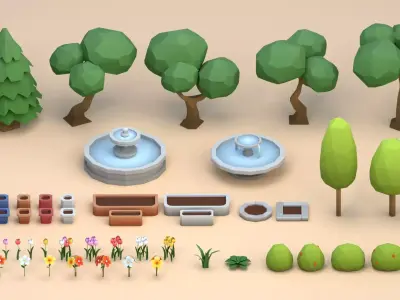 Cartoon Low Poly Trees Flowers Pack Low-poly 3D model