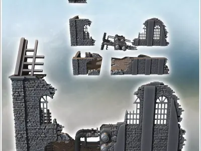 Ruined wall segment with sandbag barricades and exposed pipes at 3D print model