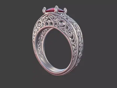  Filigree Silver Engagement Ring with Round Gemstone 3D print model