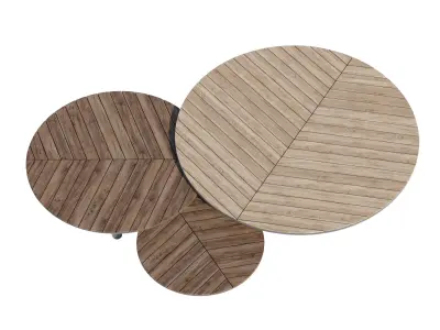 Atollo three round tables with metal legs and wooden tops 3D model