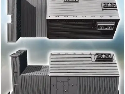 Futuristic western-style bank building with ventilation wood and 3D print model