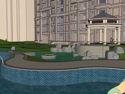 LANDSCAPE DESIGN OF POOL AREA ALONG BUILDINGS 3D model