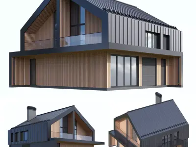 Modern barn style house Low-poly 3D model