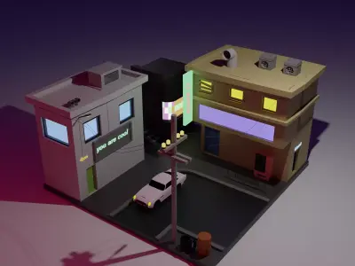 low poly street with buildings and cars Low-poly 3D model