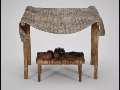 Medieval Market Stall with Pottery Low-poly 3D model