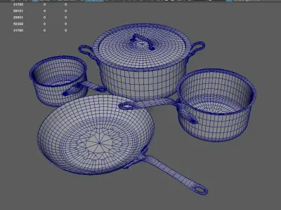 Stylish pots  pans  and utensils Low-poly 3D model
