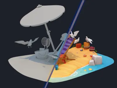 3D Summer beach  Low-poly 3D model