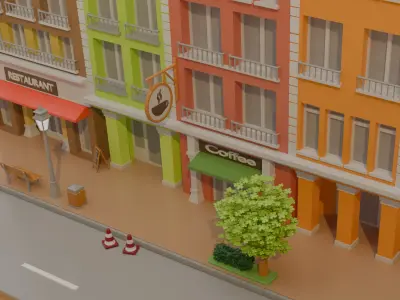 City Street Scene with Shops Low Poly 3D model