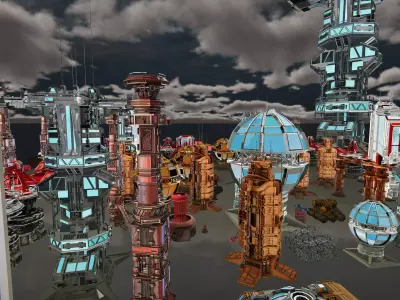 Cyberpunk  Sci Fi Mega Structures Buildings package Game Ready Low-poly 3D model