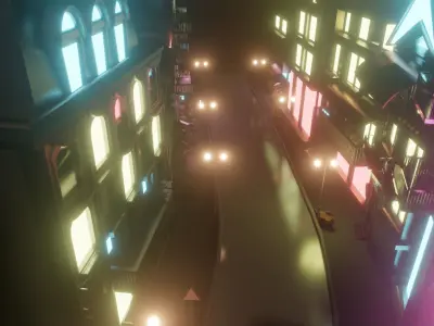 Low poly Street city at night with neon lights Free 3D model