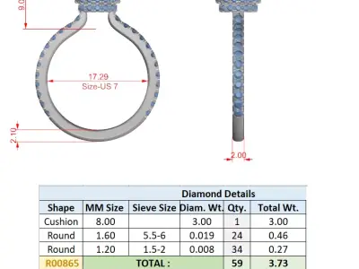Cushion Cut Double Halo Engagement Ring CAD Model 3D print model