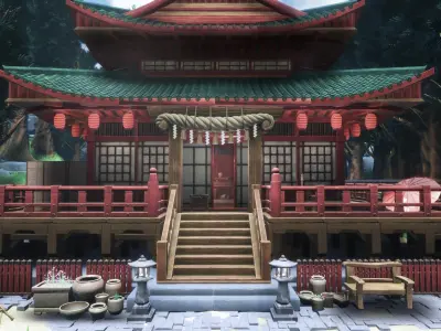 Stylized Japanese Shrine Environment Low-poly 3D model