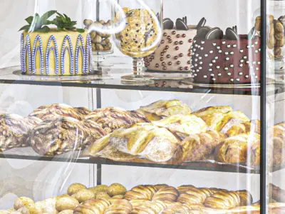 Display case in a bakery with pastries bread and croissants 3D model